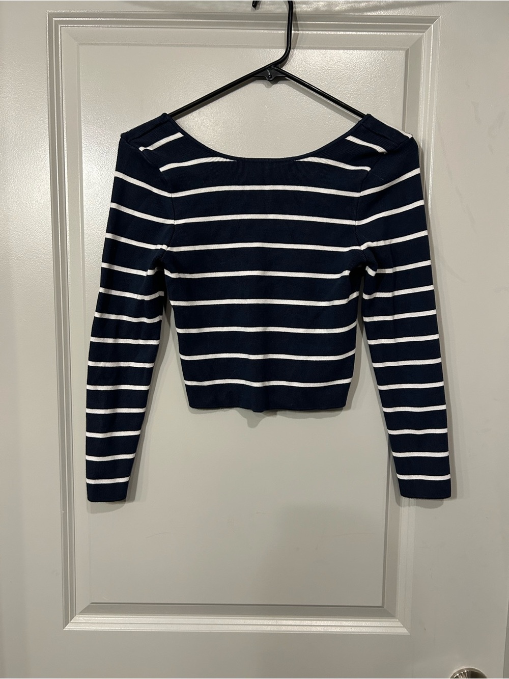 Zara Navy and White Striped Long Sleeve Boatneck Top